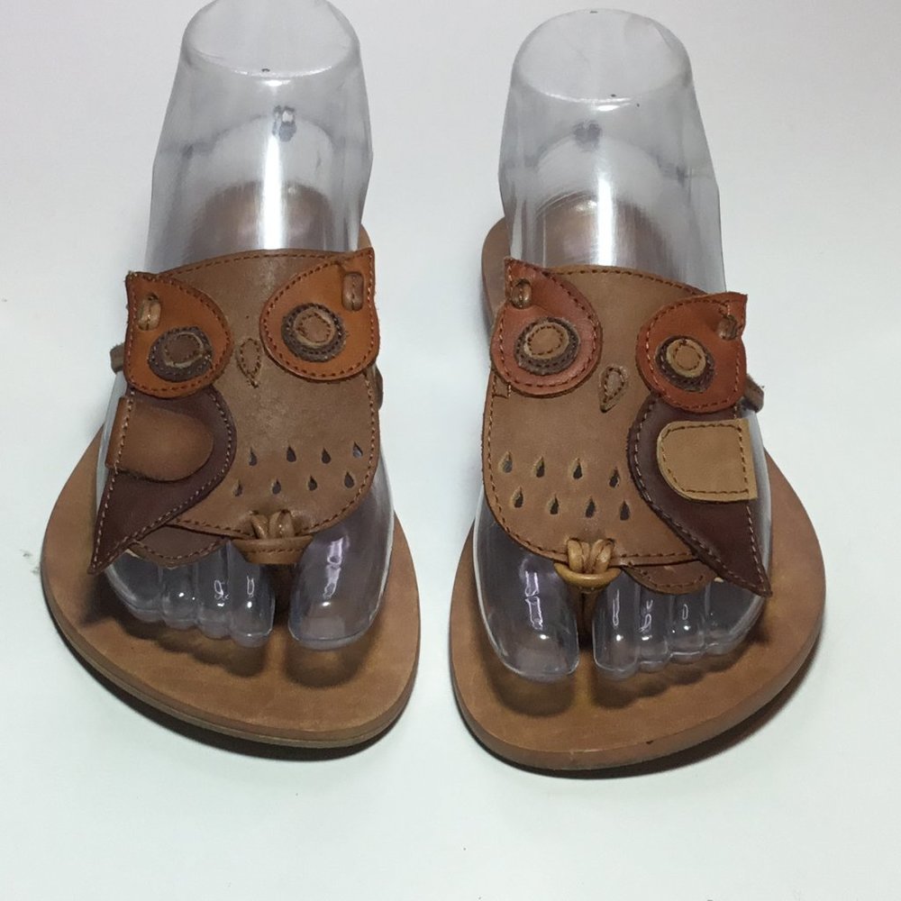 Jennifer Swii Hand Made Leather Thong Sandals Owls Brown Size 7 Excellent!